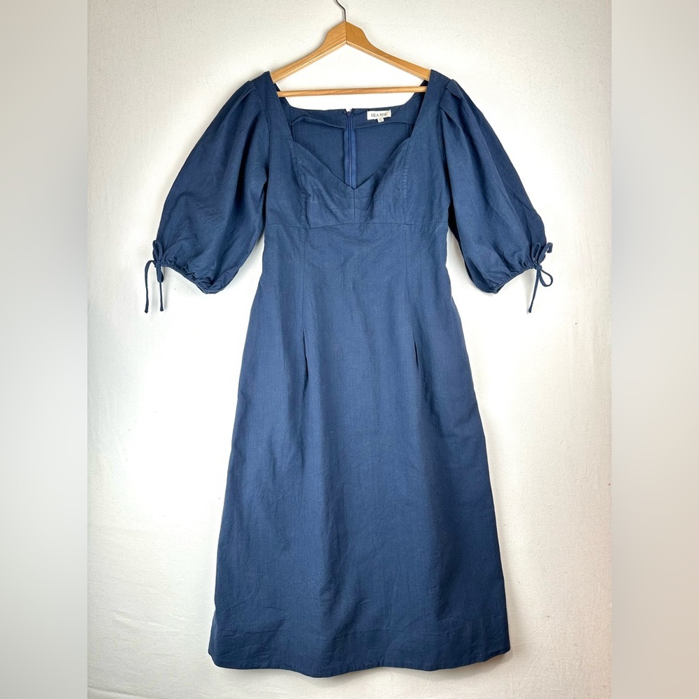 Mila Mae Cotton/Linen 3/4 Tie Sleeve Midi Dress